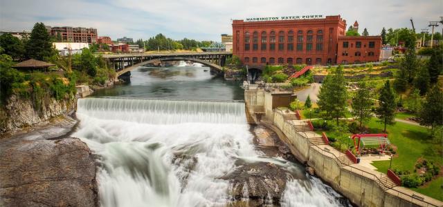 Falls and the Washington Water Power building along the Spokane river